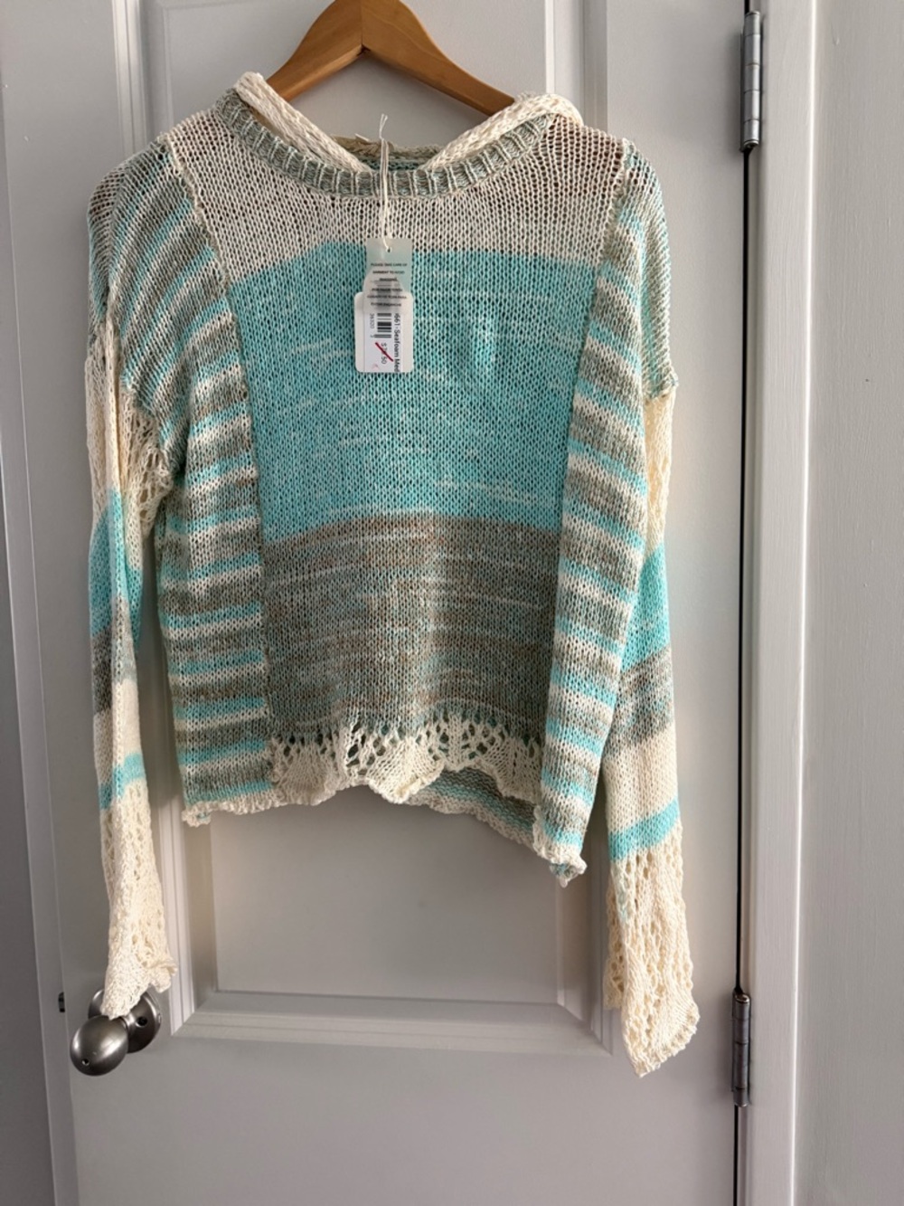 Mystree Cream & Aqua Striped Knit Sweater Coastal Cowgirl Beach Vacation